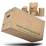 smiley pack 10 x stabile Umzugskartons - 620 x 300 x 330 mm - Extra groß und wieder-verwendbar - Umzugskiste 40kg Traglast - Umzug mit Karton-Box - Robuster Umzugskarton mit Deckel - Ordnungsboxen